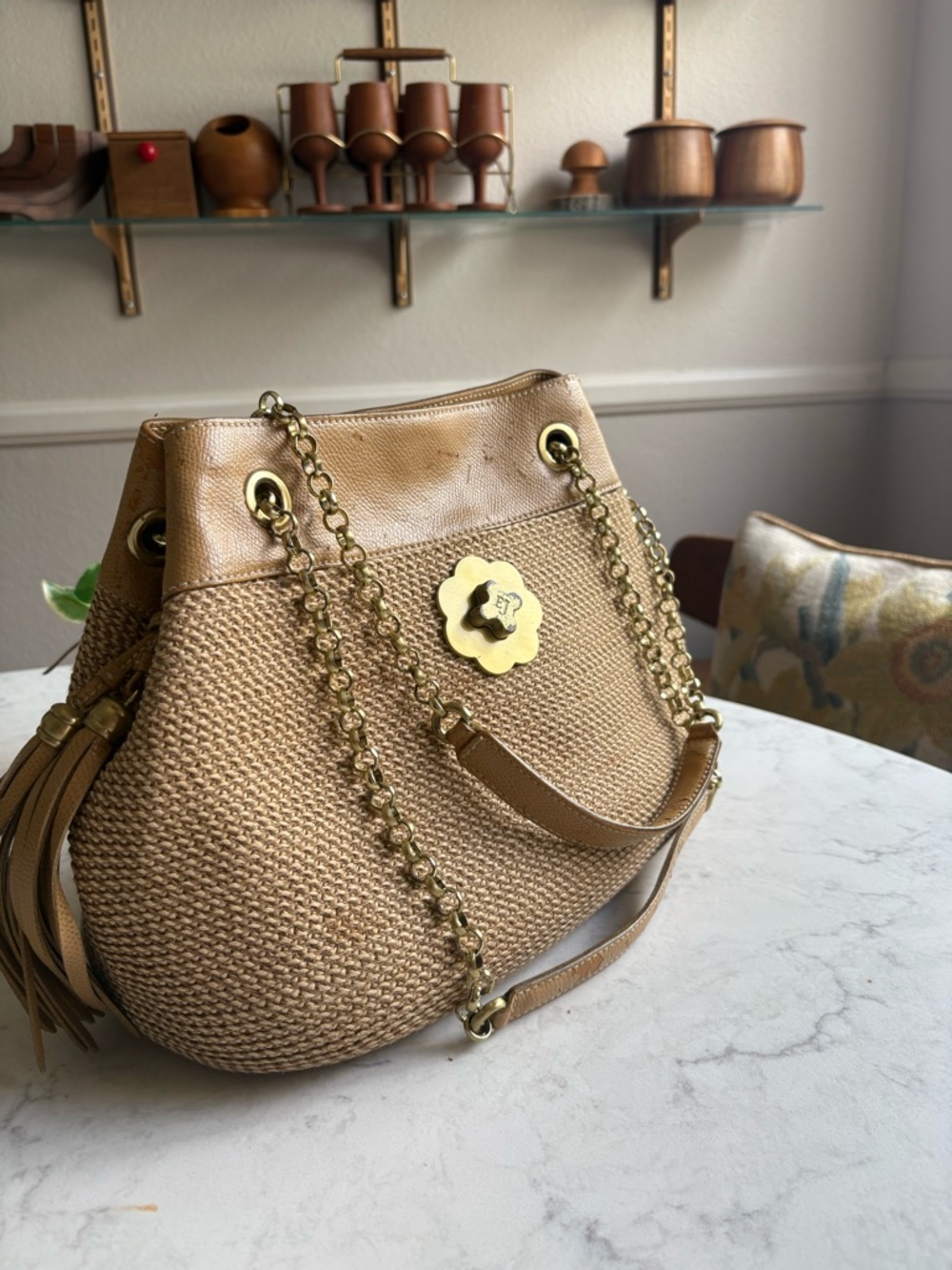 Eric Javits Woven Straw Tote Shoulder Bag with Gold Hardware - Tan